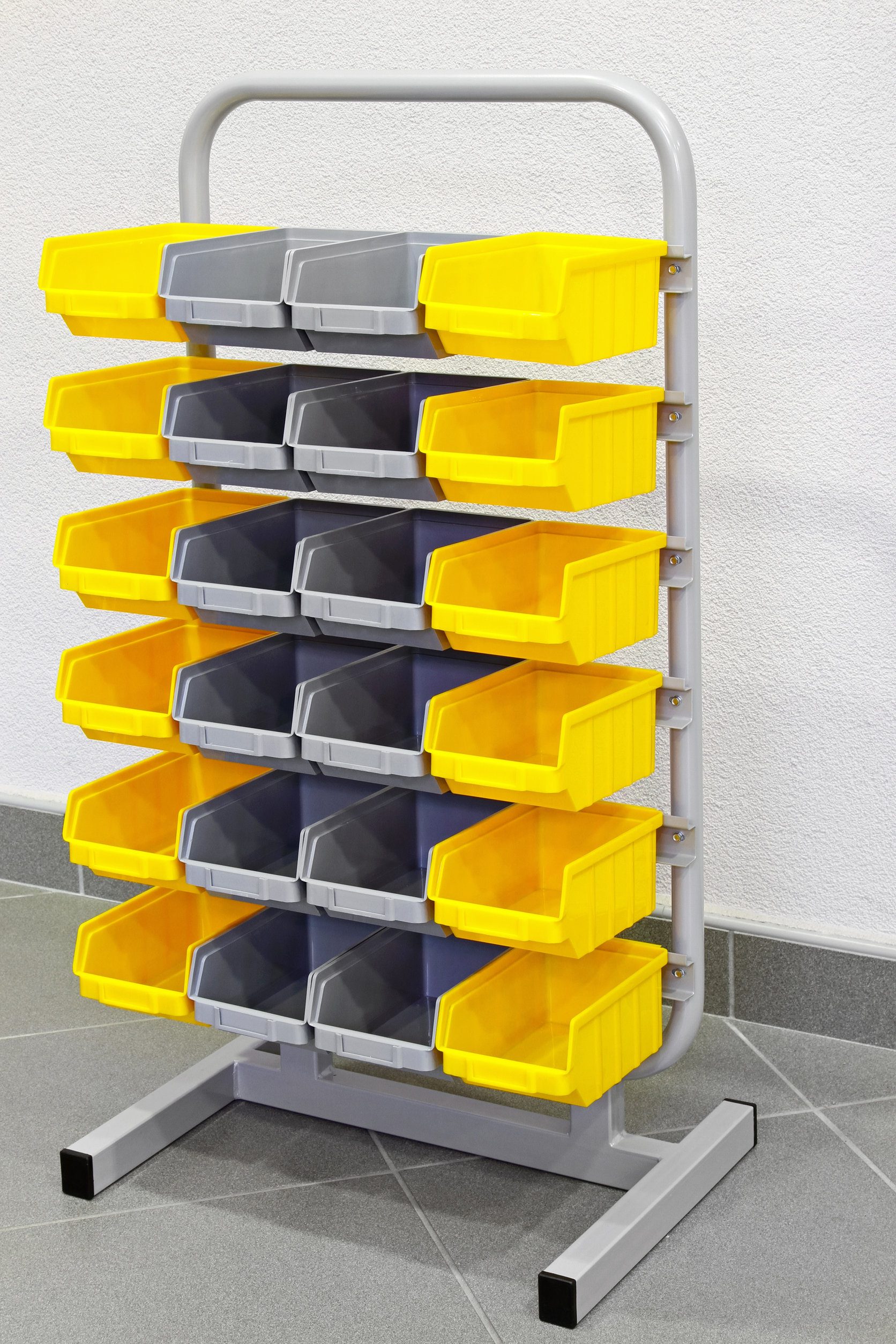 Shelf with plastic boxes for parts storage Shelf with plastic boxes for parts storage